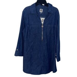 Anne Klein‎ Womens Dark Wash Denim Quarter Zip Tunic Top Large Roll Tab Sleeve